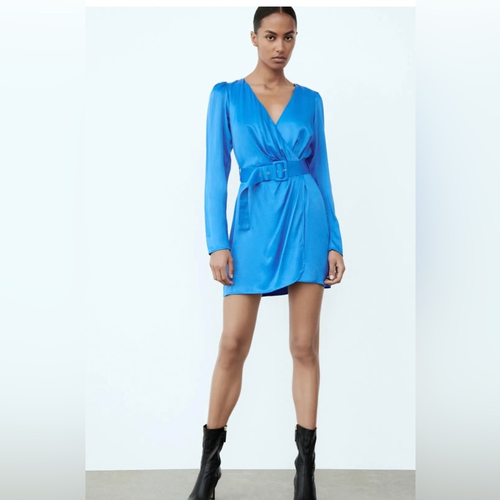 Zara Women Blue Satin Mini Dress With Belt Size XS